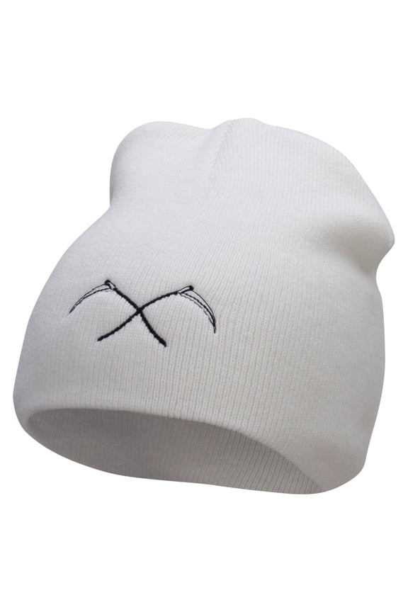 Grim Reaper Scythe Embroidered 8 inch Acrylic Short Blank Beanie - White OSFM