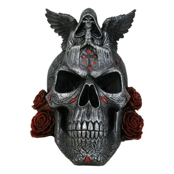 Grim Reaper Skeleton Angel Of Death Praying On Tribal Skull Red Roses Figurine
