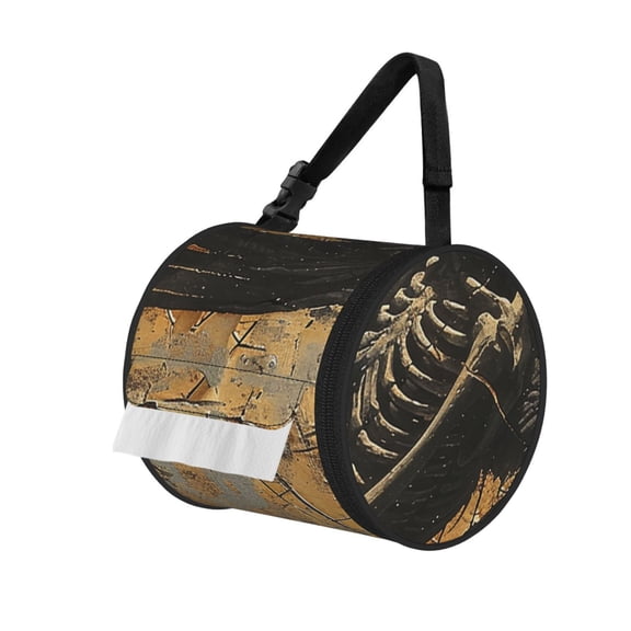 Grim Reaper Skeleton Angel Vintage Horror Portable Cylinder Toilet Paper Holder Tissue Dispenser Hanging Storage Bag with Strap