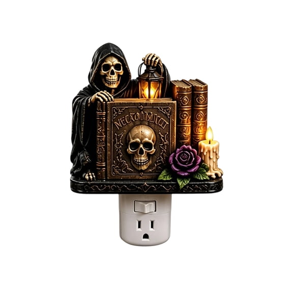 Grim Reaper Skeleton Halloween Night Light Plug in Wall Decor Spooky Illuminated Wall Plug Lamp with Faux Spell Books Faux Candle and Purple Rose 3 X 4 Inch Durable