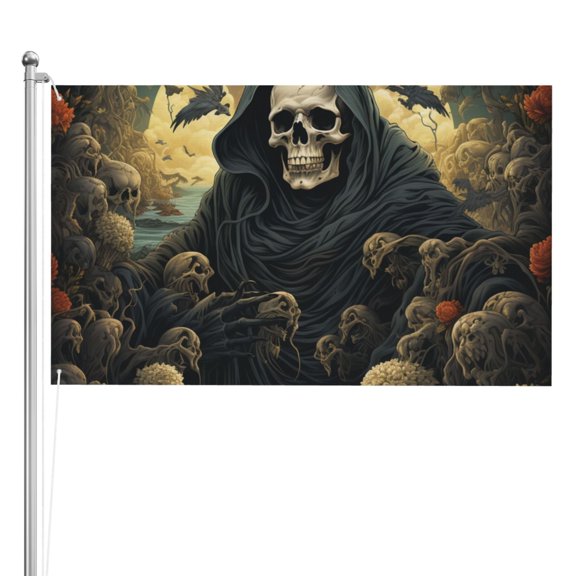 Grim Reaper Skeleton Skull Art Double Sided Flag 3x5FT Reversible Garden Flag Outdoor Decor for House, Porch, Lawn, Yard, Indoor Wall, Party Decoration
