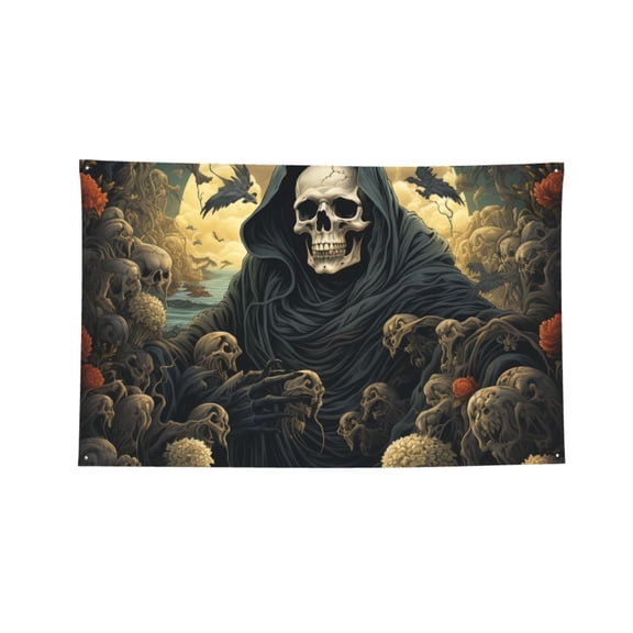 Grim Reaper Skeleton Skull Art Four Hole Decorated Banner Flag for Garden Yard Home Decoration Indoor Outdoor 3x5 Ft