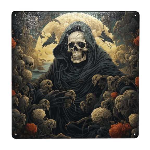 Grim Reaper Skeleton Skull Art Square Metal Sign 12x12 Inch Tin Sign Wall Decor Decorative Plaque for Bar, Cafe, Restaurant