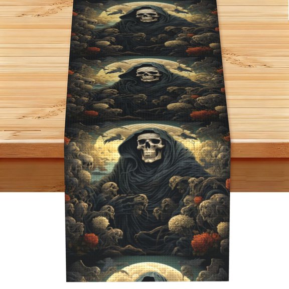 Grim Reaper Skeleton Skull Art Table Runner 13x72 Inch for Dining Table Kitchen Wedding Party Decor Fireplace Mantle