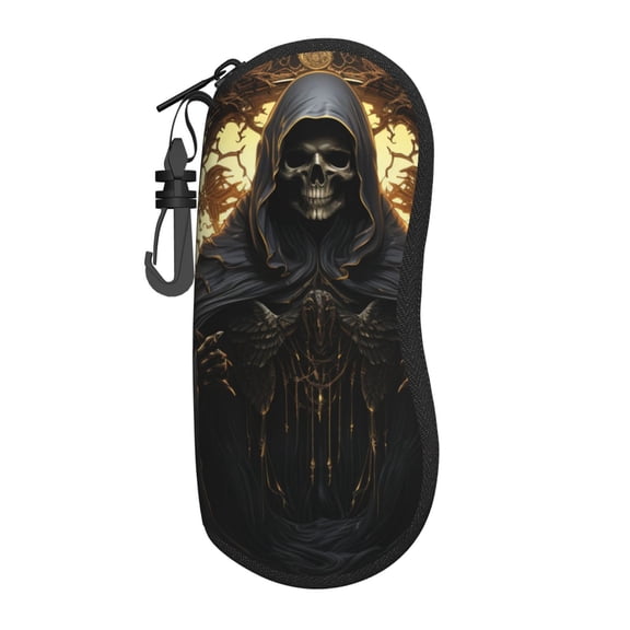 Grim Reaper Skull Angel Skeleton Cool Sunglasses Case Travel Zipper Eyeglass Glasses Case Portable Soft Pouch with Belt Clip