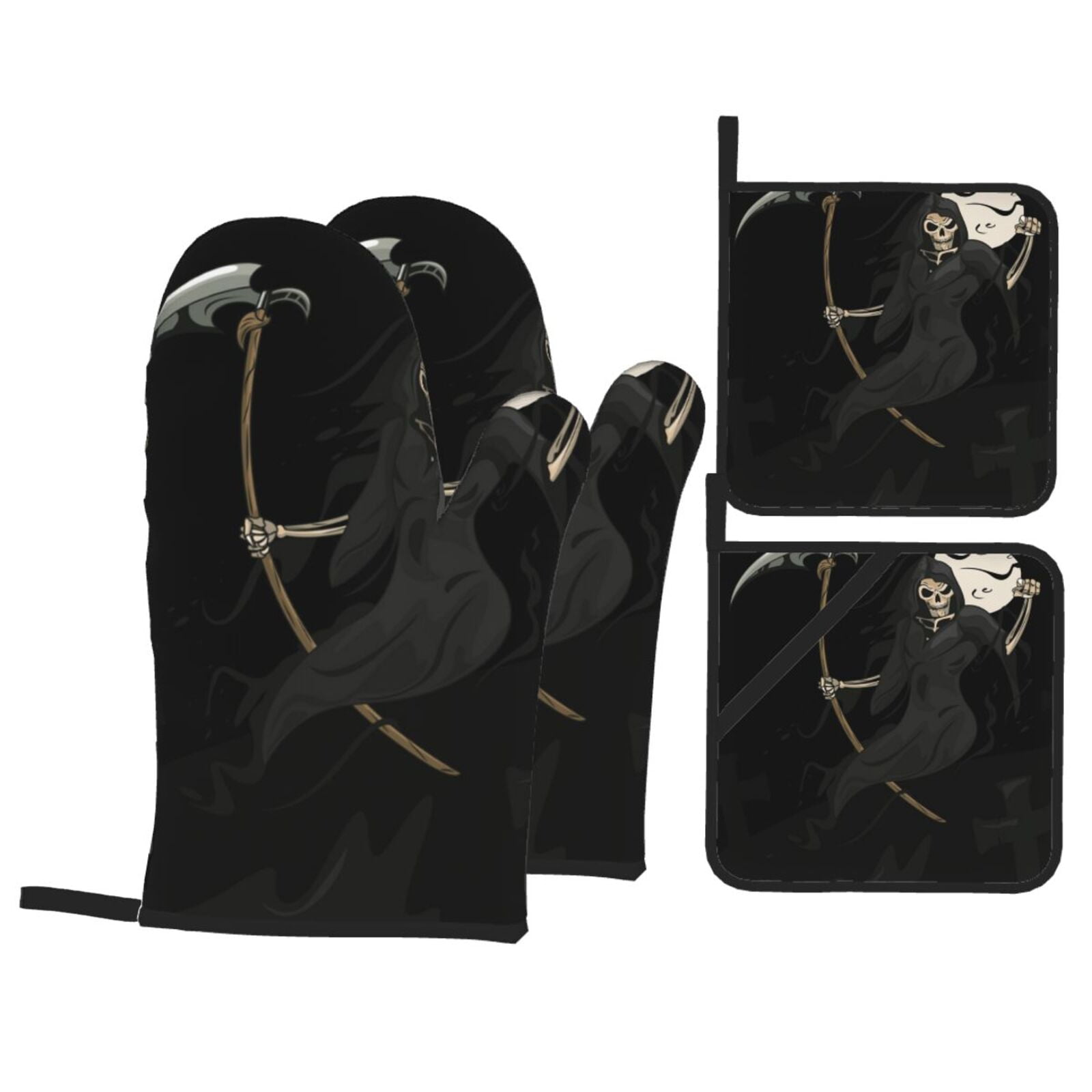 Grim Reaper Skull Moon 4Pcs Oven Mitts and Pot Holders Sets Oven Kitchen Gloves Hot Pads for Cooking BBQ Baking Grilling