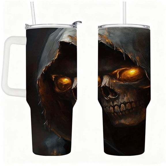 Grim Reaper Skull Tumbler with Handle, Glowing Eyes Stainless Steel Insulated Cup with Straw