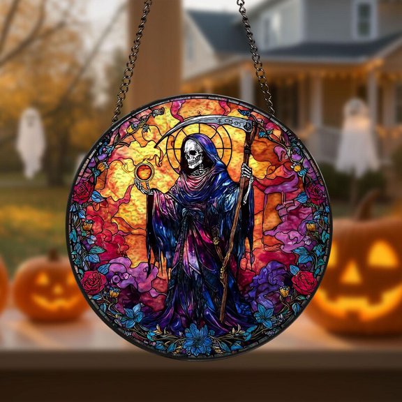 Grim Reaper Stained Glass Style Suncatcher for Windows, UV Printed Glass Hanging Ornament, Spooky Gothic Halloween Window Decor, Halloween Gift for Women and Men size 3.54in