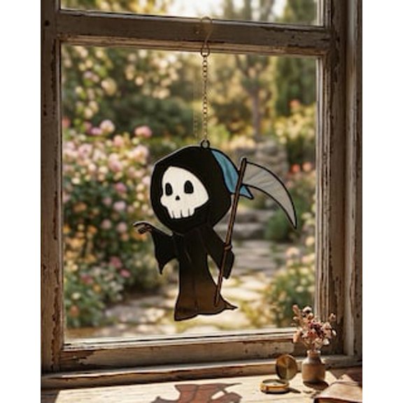 Grim Reaper Stained Glass Suncatcher, Gothic Window Hanging, Dark Academia Decor-Wedding season gift-Graduation gift-Father's Day Gift