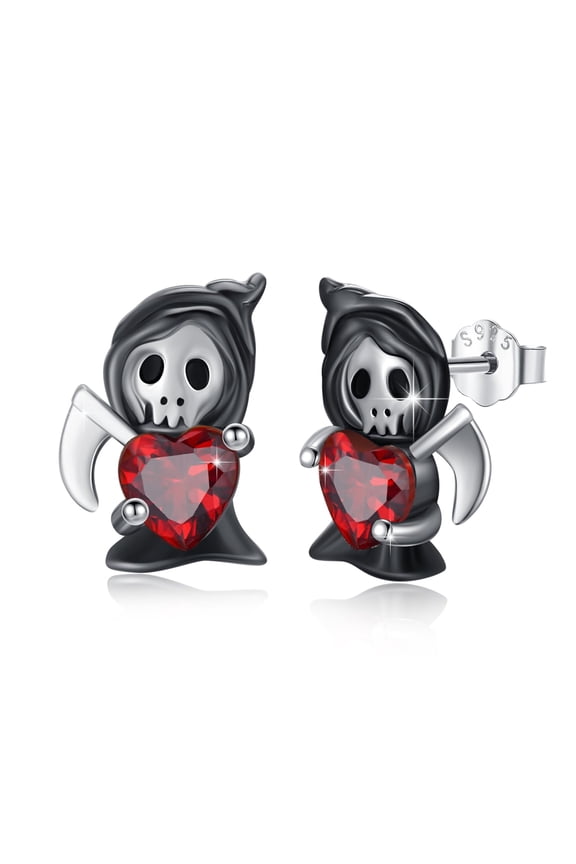 Grim Reaper Stud Earrings Sterling Silver Black horror Earrings Heart Devil Studs Ghost Jewelry for Women