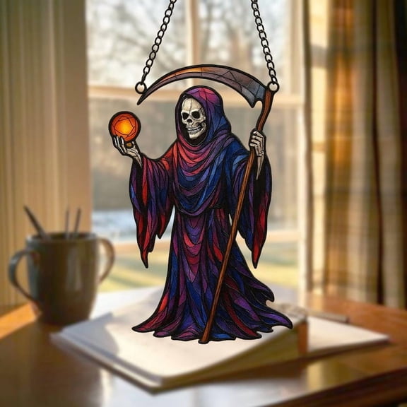Grim Reaper Suncatcher, Gothic Halloween Stained Glass Window Decor, Dark And Floral Halloween Decor, Grim Reaper Glass Art, Scary Halloween