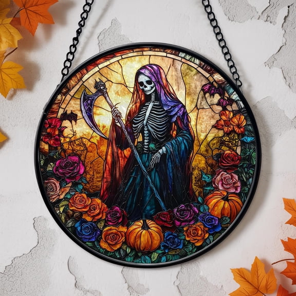 Grim Reaper Suncatcher,Gothic Halloween Stained Glass Window Decor,Dark And Floral Halloween Decor,Grim Reaper Glass Art,Scary spooky season