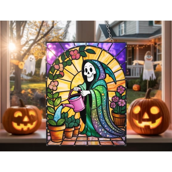 Grim Reaper Watering Plants Suncatcher | Cute Pastel Goth Window Decor | Funny Spooky Wavy Acrylic Art | Halloween Plant Lover Gift