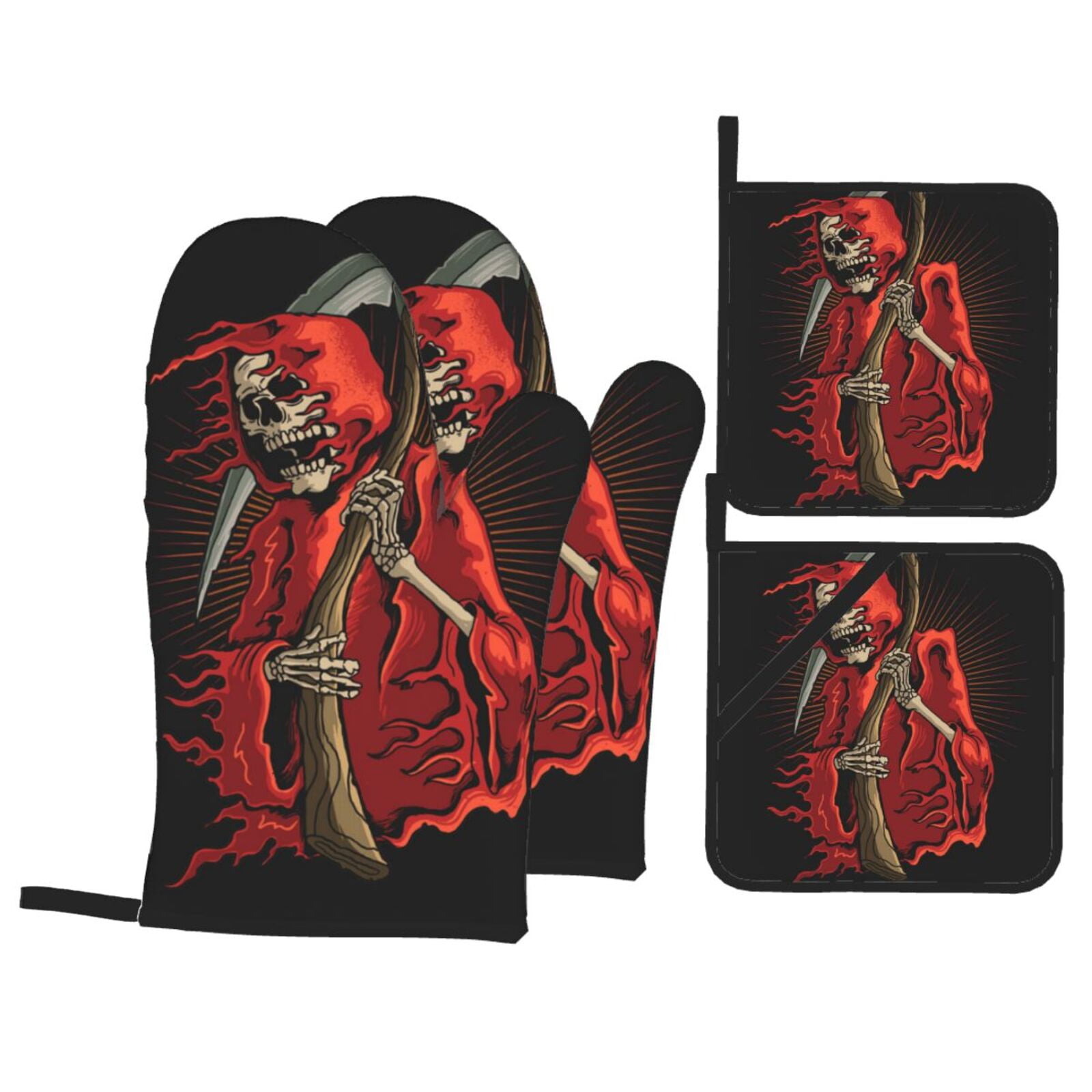 Grim Reaper With Scyth 4Pcs Oven Mitts and Pot Holders Sets Oven Kitchen Gloves Hot Pads for Cooking BBQ Baking Grilling