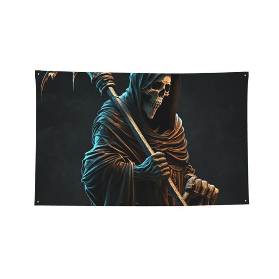 Grim Reaper With Scyth Skull Four Hole Decorated Banner Flag for Garden Yard Home Decoration Indoor Outdoor 3x5 Ft