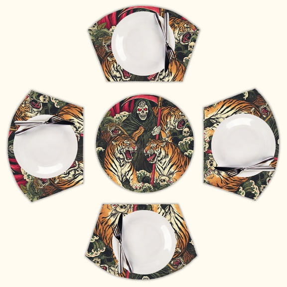 Grim reaper tigers stormy sea Round Table Placemats Set Of 5 Wedge Table Mats Washable Heat Resistant Place Mat For Dining Table Kitchen Farmhouse Restaurant