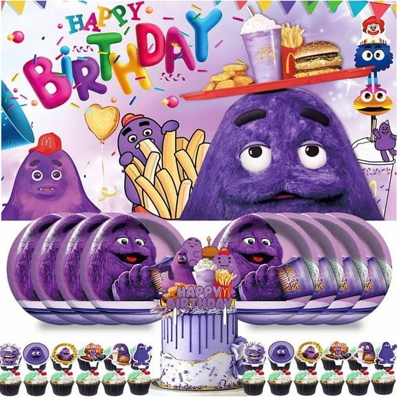 Grimace Party Supplies Birthday Decorations Plates Banner Kids Cake Toppers Set Decor