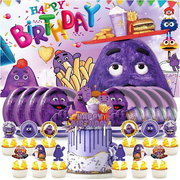 Grimace Plates Birthday Supplies Decorations Decor Backdrop Banner Cake Topper Fans