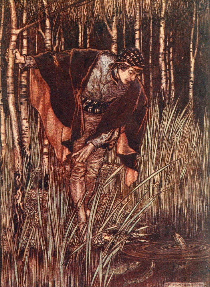 Grimms Fairy Tales 1909 Whitesnake Fishes stretch heads Canvas Art - A Rackham (18 x 24)