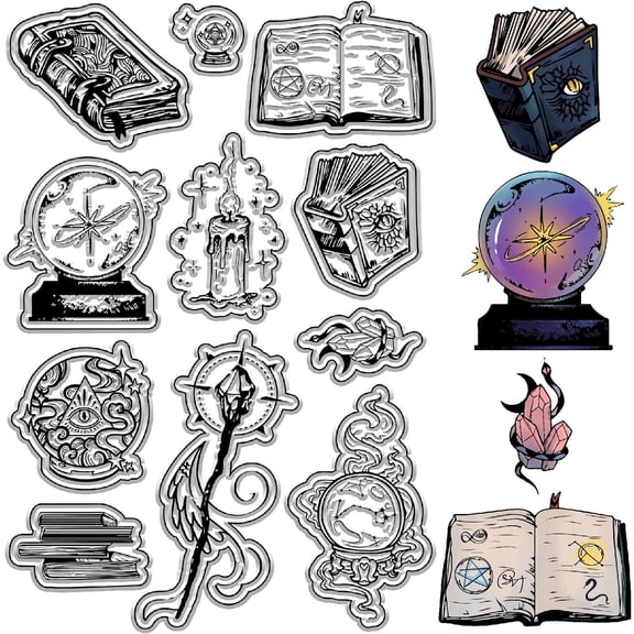 Grimoire Clear Stamps Candle Ball Magic Scepter Book Divination Reusable Retro Transparent Silicone Stamp Seals
