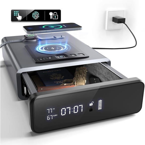 Biometric Clock Safe with LED Display & Wireless Phone Charging – Secure Storage for Valuables,Valentine's Day gift