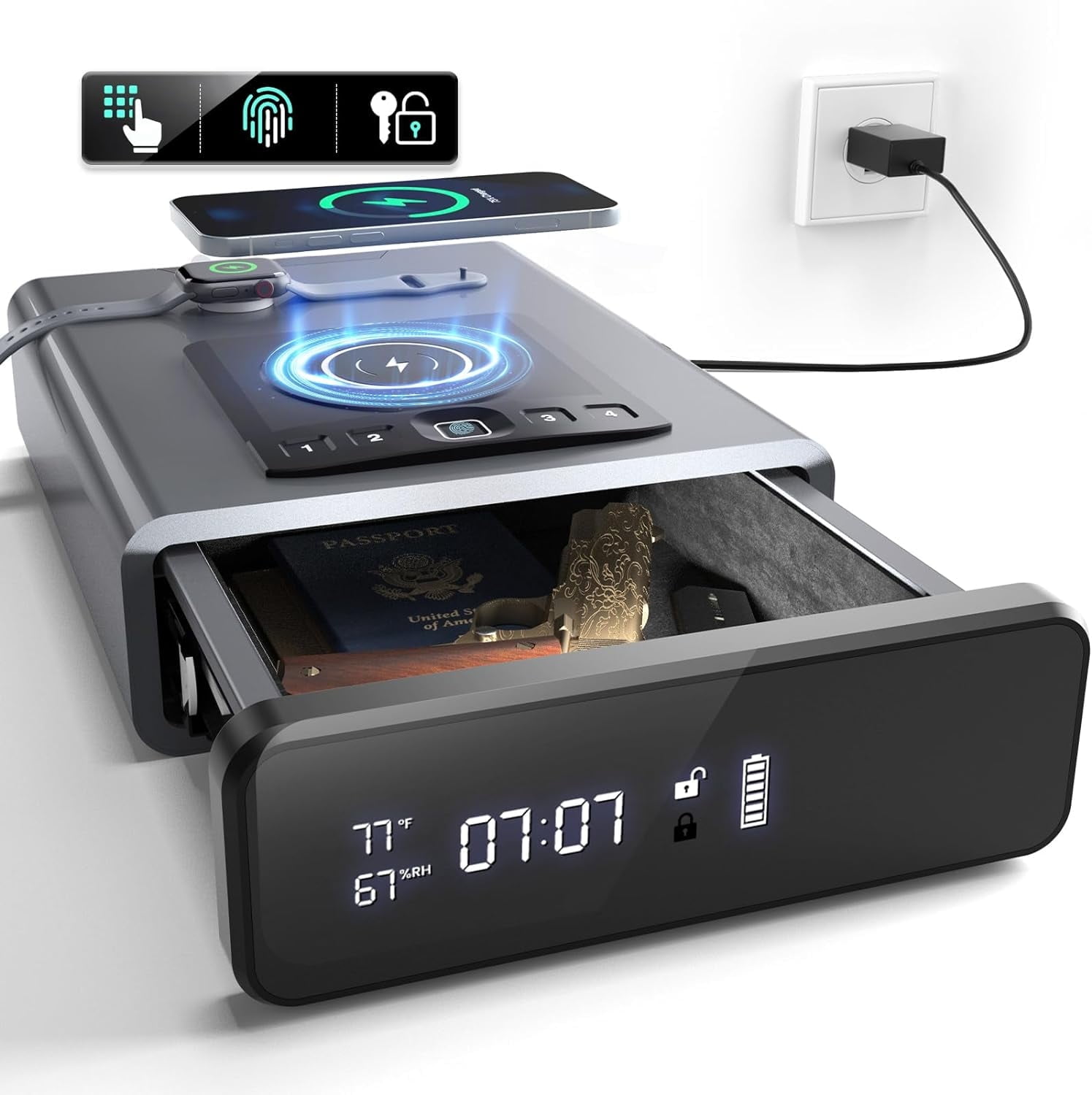 Grimtron Biometric Clock Gun Safe for Pistols with LED Screen, 2-in-1 Smartphone Wireless Charging