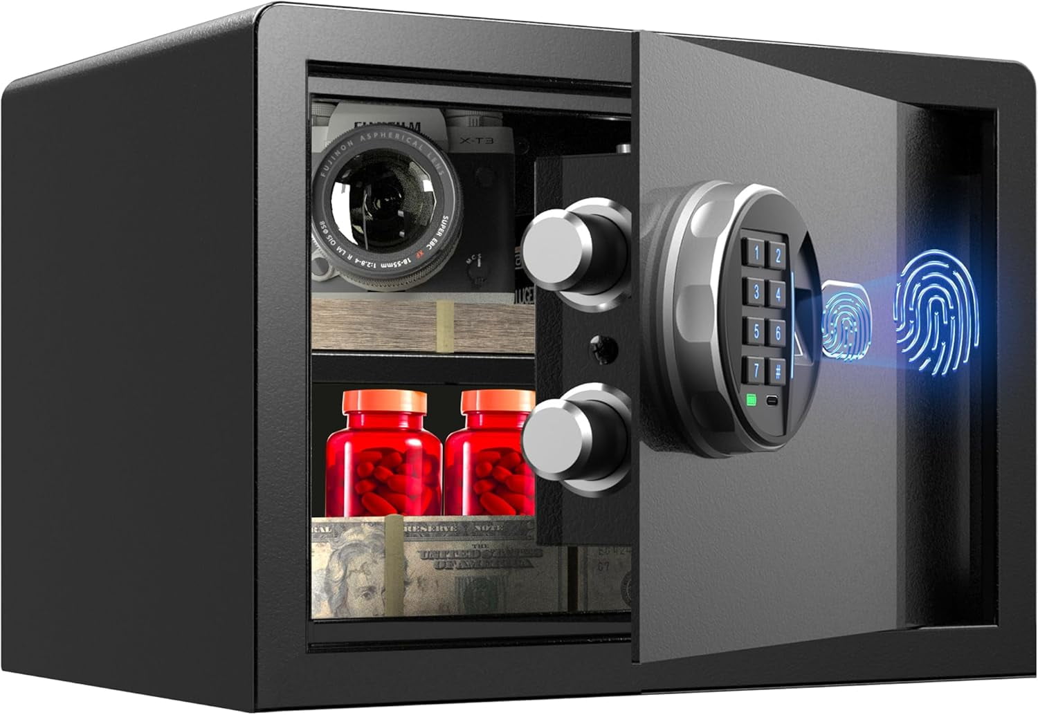 Grimtron Biometric Safe Box - (0.80 CU. ft.) Fingerprint Secure Money Cabinet Caja Fuerte VT02-250F