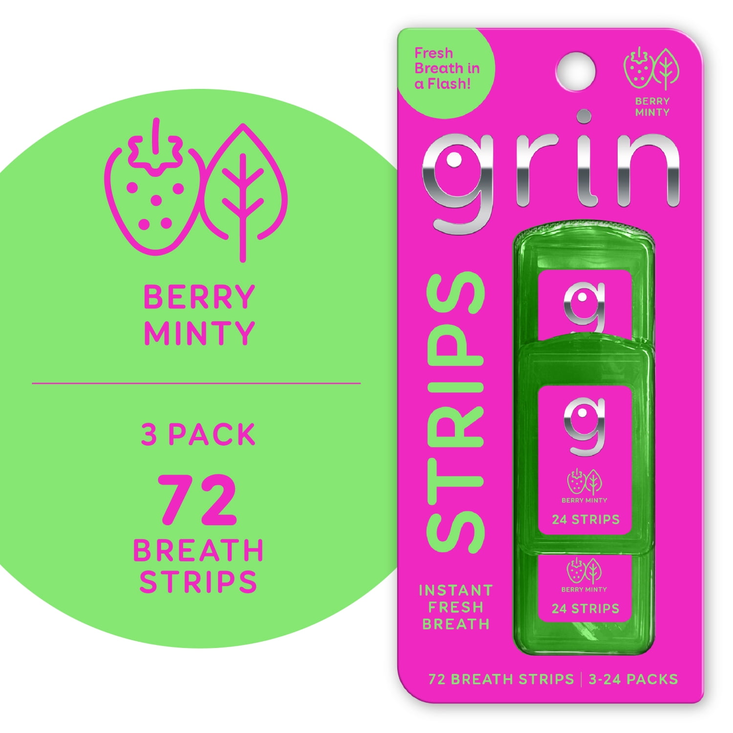 Grin Strips Breath Strips, Berry Minty, Instant Fresh Breath, Dissolves Instantly on Your Tongue, Sugar-free and Calorie-free, No Artificial Colors, 72 Breath Strips (3-24 Packs), Pocket-Sized Pack