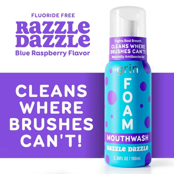 Blue Raspberry Fluoride Grin Kids Foaming Mouthwash, Razzle Dazzle Blue Raspberry, Fluoride ...