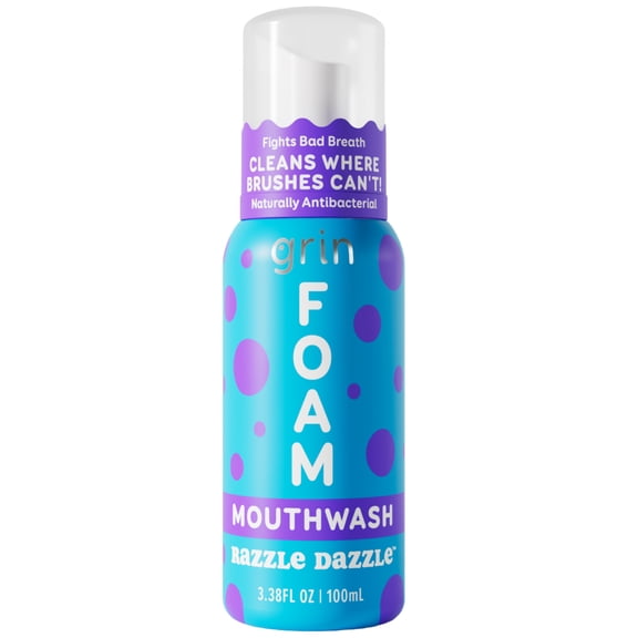 Grin Kids Foaming Mouthwash, Razzle Dazzle Blue Raspberry, Fluoride Free, 3.38 fl oz
