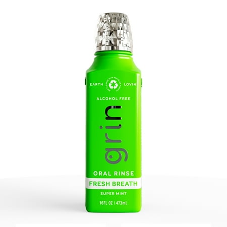 Grin Fresh Breath Oral Rinse - 16?oz - Fresh Breath Mouthwash, Super Mint Flavor, Alcohol-Free, Organic Ingredients, Aloe & Xylitol, Essential Oils, Bottle Made From Recycled Plastic