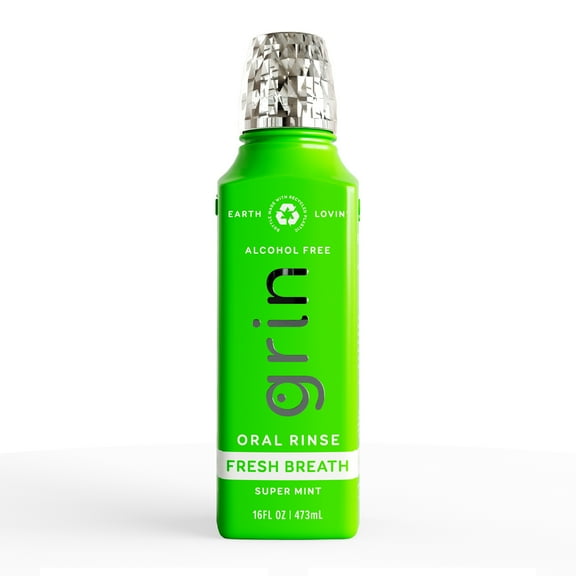 Grin Fresh Breath Oral Rinse - 16oz - Fresh Breath Mouthwash, Super Mint Flavor, Alcohol-Free, Organic Ingredients, Aloe & Xylitol, Essential Oils, Bottle Made From Recycled Plastic