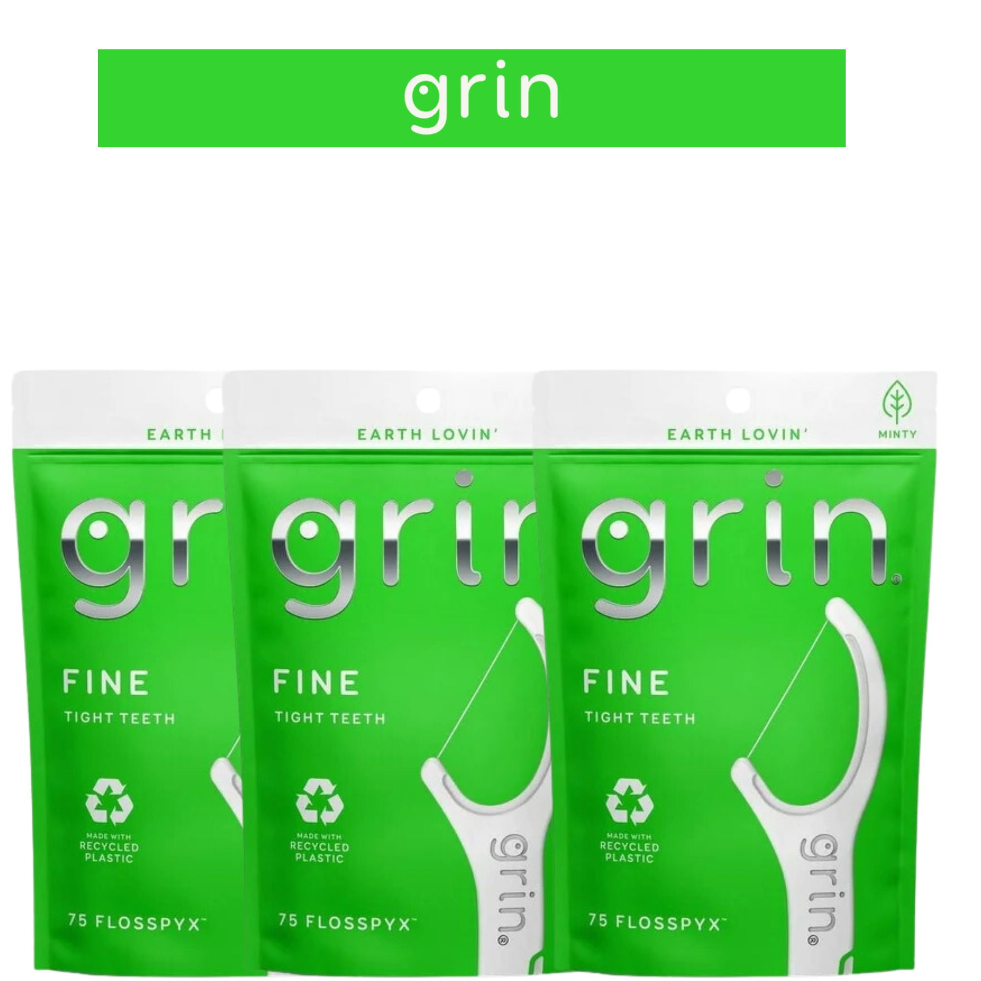 Grin Oral Care Fine Flosspyx - Minty - 75ct Each, (Pack of 3