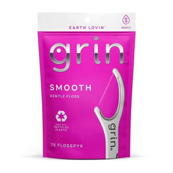 Grin Smooth Flosspyx - 75 ct - Dental Floss Picks, Flossers, Made with Recycled Plastic, Gentle Floss Tape, Slides Easily Between Tight Teeth, Longer Floss, Safe Fold-Back Pick, Minty Fresh
