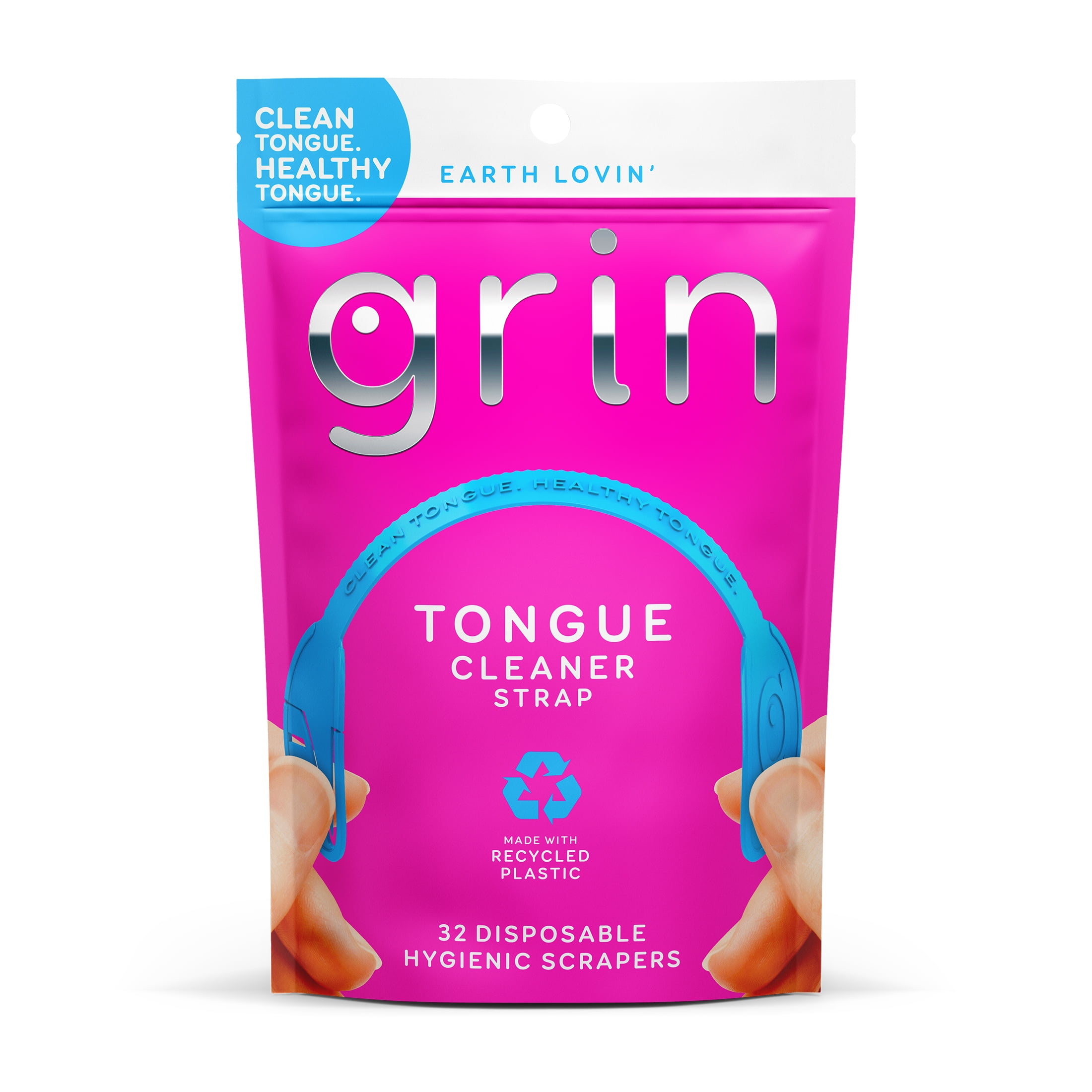Grin Tongue Cleaner Strap - 32 ct - Disposable Tongue Scrapers for Adults, Recycled Plastic, Dual-Edge Scraper, Gently Removes Bacteria From Tongue, Safe Fold-Back Pick, Promotes Fresh Breath