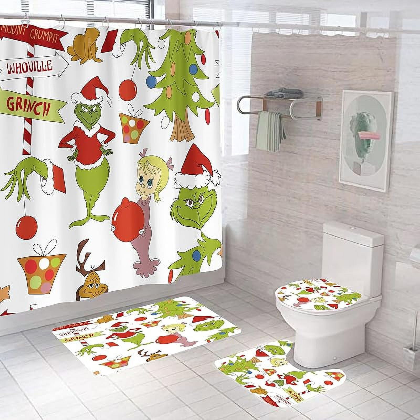 Grinch 4 Pcs Christmas Shower Curtain Set with NonSlip Rugs, Toilet