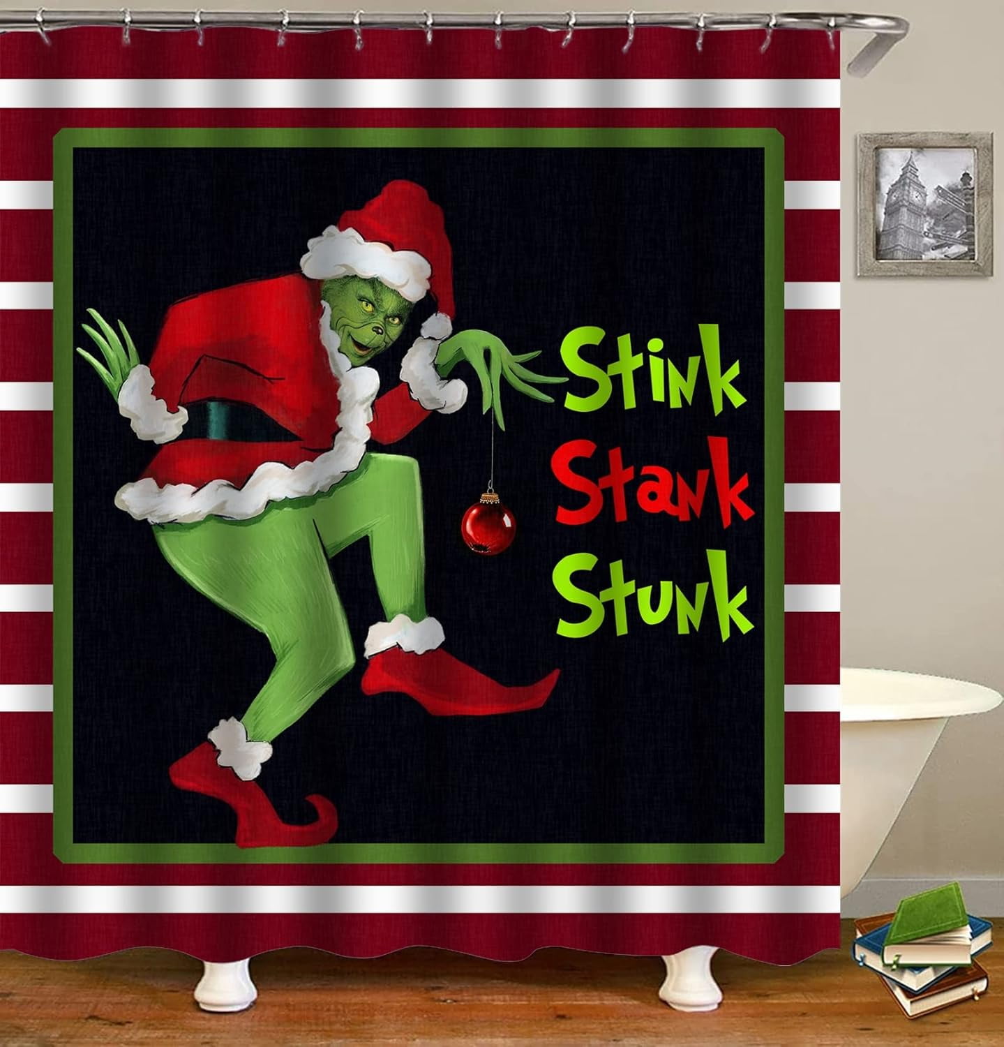 Grinch Bathroom Shower Curtain Merry Christmas Holiday Waterproof