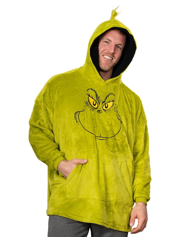 Grinch Costume Big Face Green Oversized Giant Blanket Hoodie Christmas Sleep Poncho with Hood Halloween Cosplay Extra Comfy for Lounging - One Size