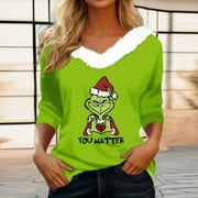 HANETY Grinch Shirt Christmas Halloween Women's T Shirt Tee Christmas Shirt Long Sleeve Party Christmas Fleece Collar V Neck Top