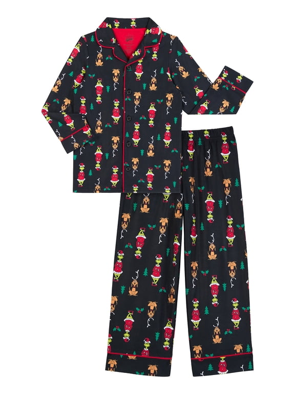 Grinch Boys Long Sleeve Sleep Button Front Top and Pants Pajama Set, 2-Piece, Sizes 4-12