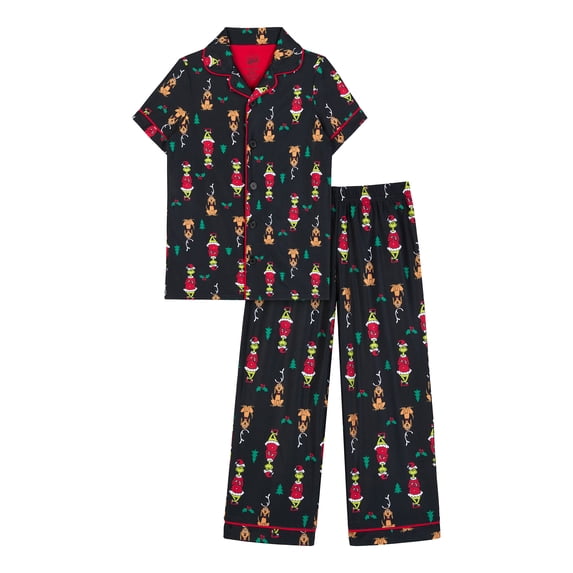 Grinch Boys Short Sleeve Sleep Button Front Top and Pants Pajama Set, 2-Piece, Sizes 4-12