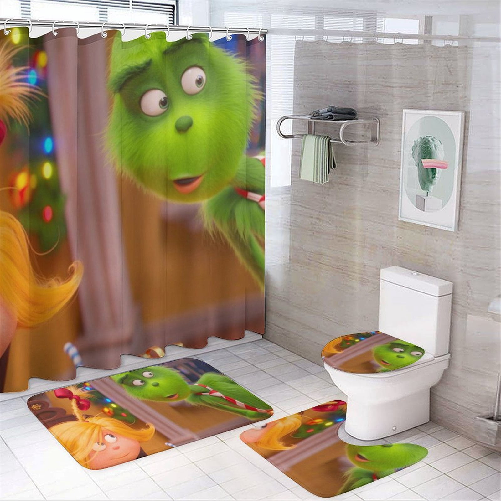 Grinch Cartoon Shower Curtain Set for Bathroom 4 Piece Bathroom ...