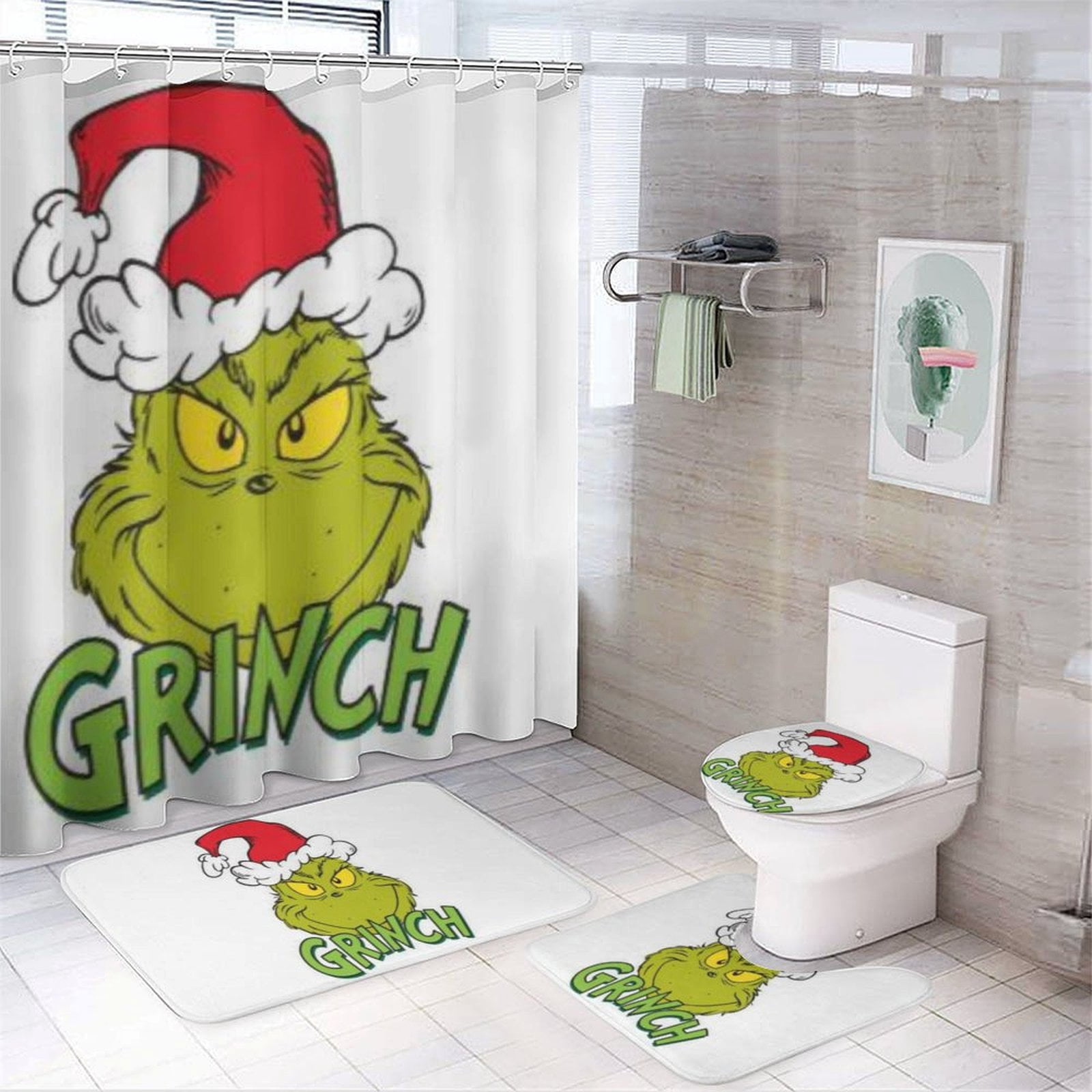 Grinch Cartoon Shower Curtain Set for Bathroom 4 Piece Bathroom ...