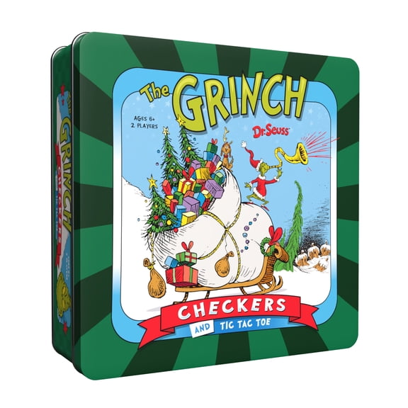 Grinch Checkers & Tic Tac Toe Board Game, 2 Games in One Set, Custom Double-Sided Board, Featuring Grinch and Whoville Token Pieces, Officially Licensed Dr. Seuss Gift & Collectible, by The OP Games