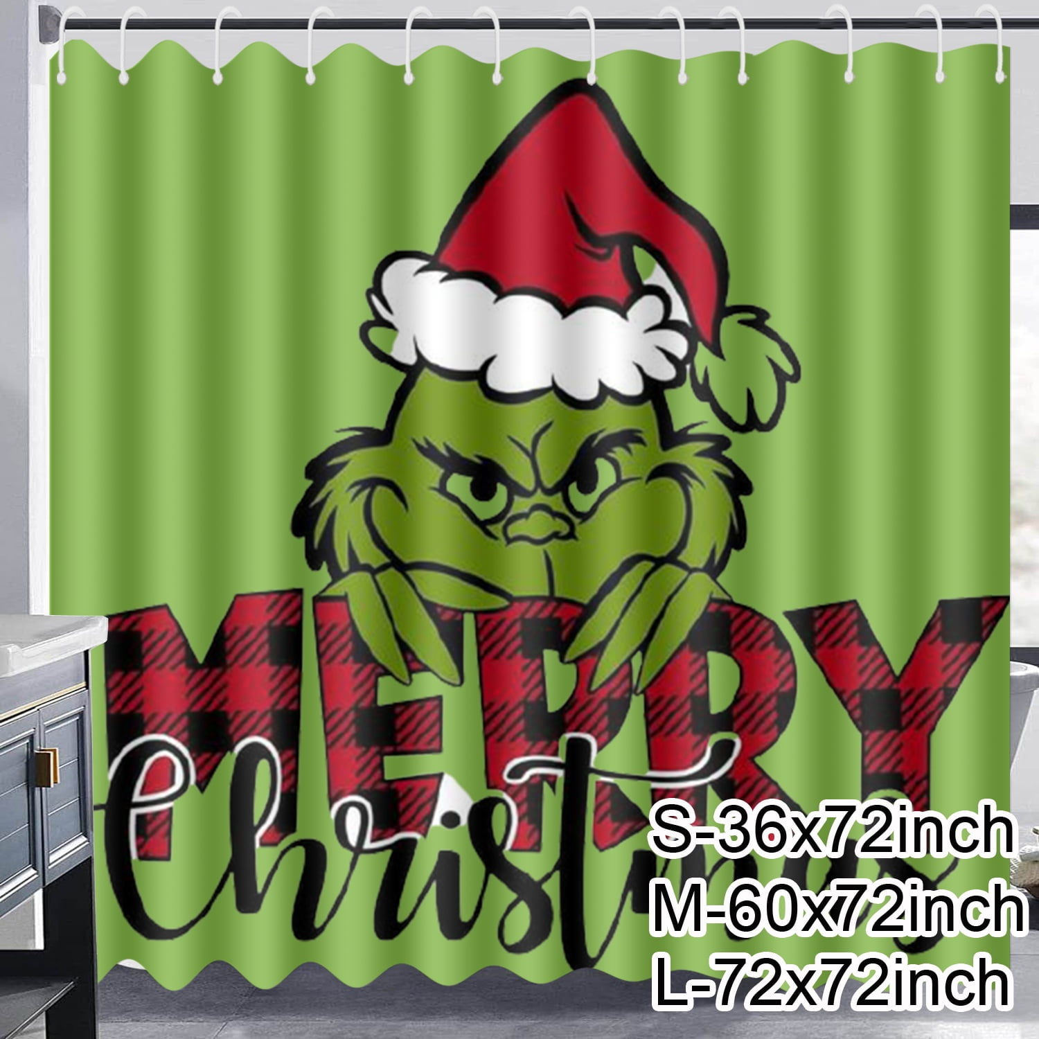 Grinch Christmas 3D Shower Curtain with 12 Hooks,Polyester Waterproof