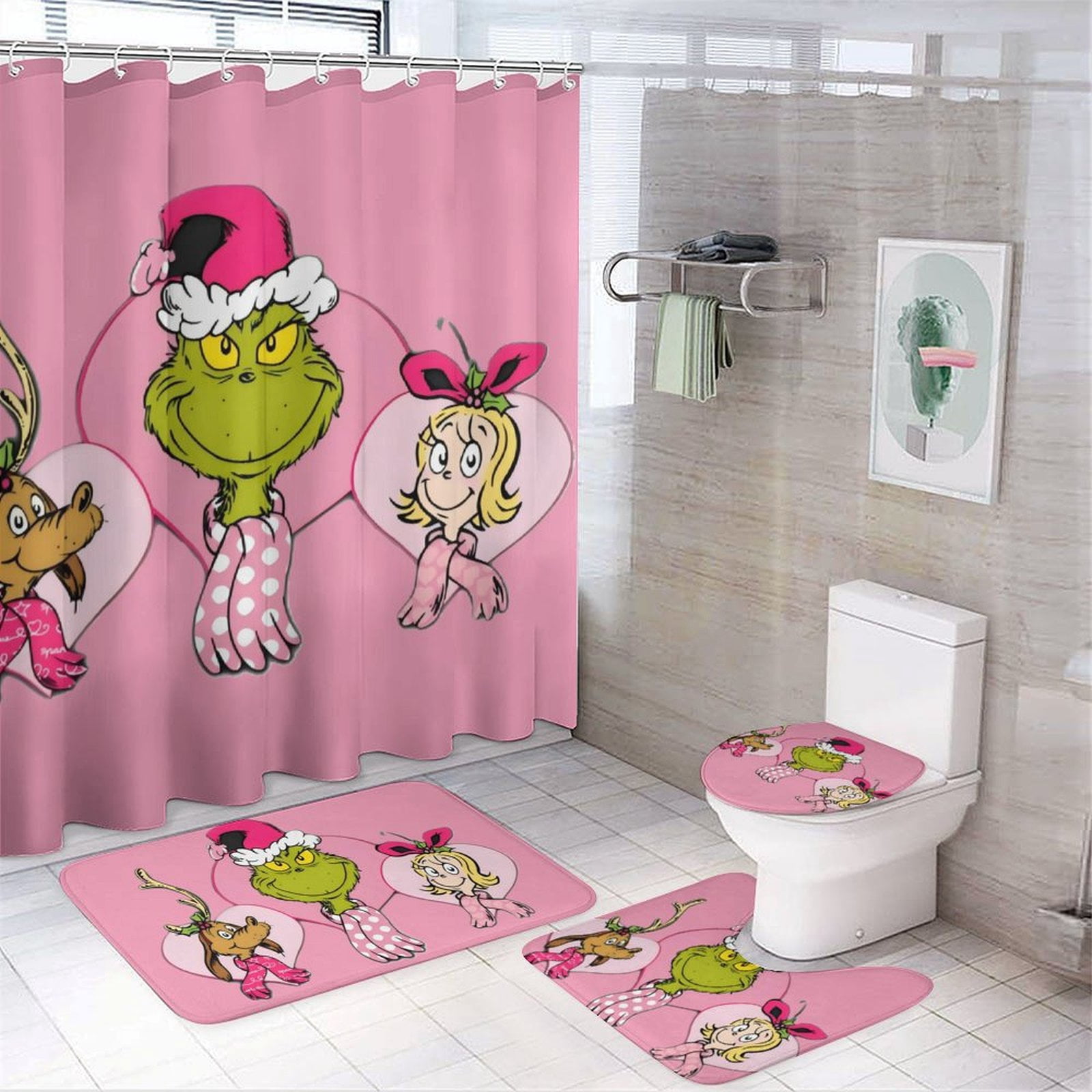 Grinch Christmas 4-piece shower curtain set with non-slip carpet toilet ...
