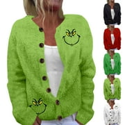 HANETY Grinch Christmas Costume Jacket - Matching Jacket Women's Fashion Christmas Printed Long Sleeve Knitted Cardigan Button Down Jacket, Christmas Jacket for Family Black L