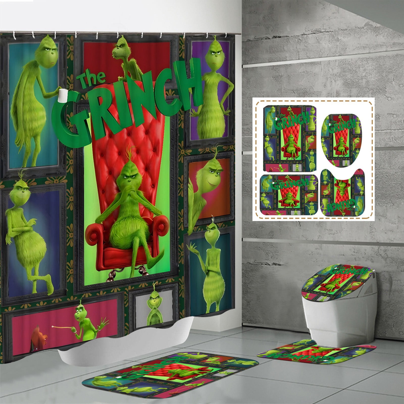 Grinch Christmas Decorations 4Pcs Christmas Shower Curtain Sets with