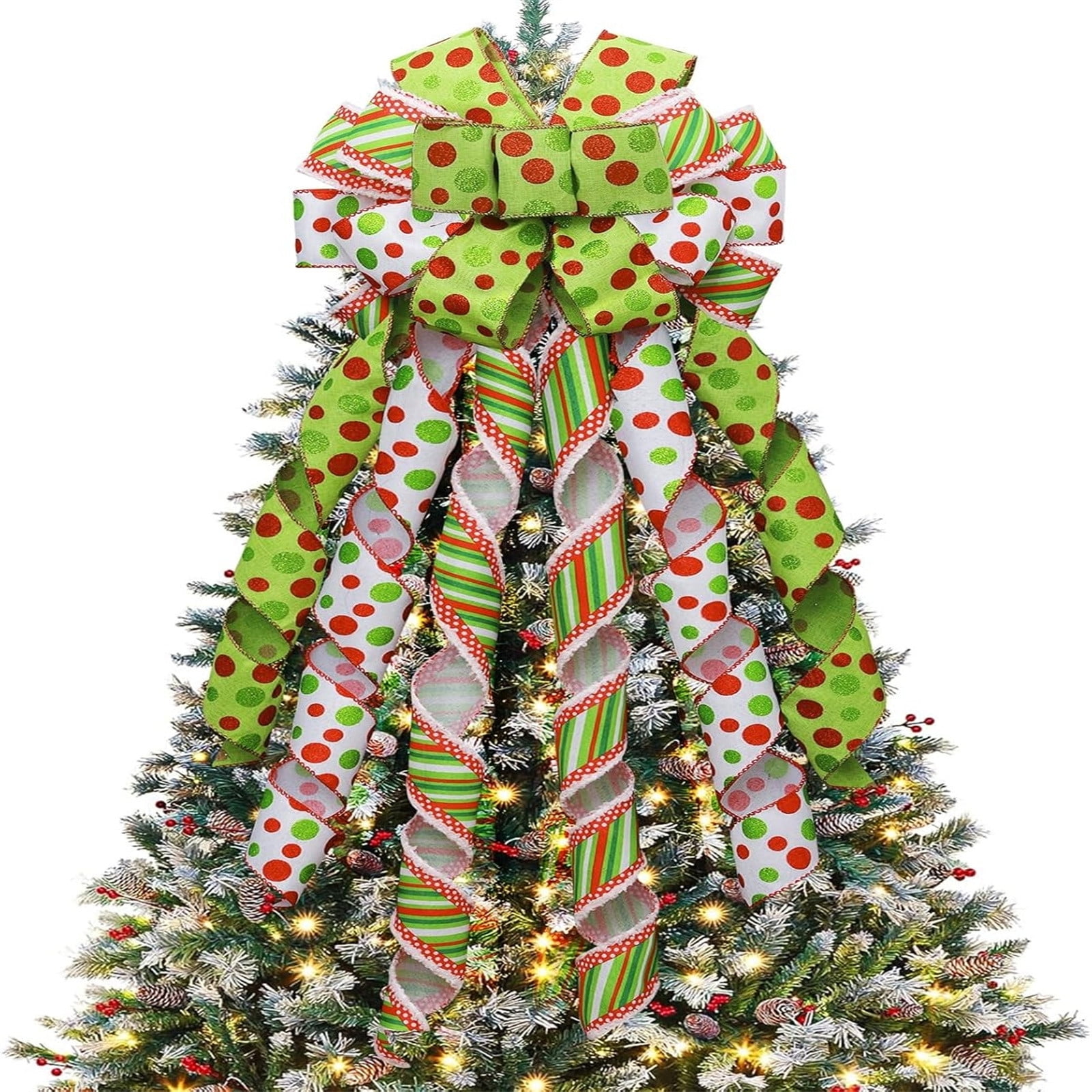 HANETY Grinch Christmas Decorations Indoor - Christmas Tree Topper Wreath Bow Large Green Christmas Bow Tree TopperRed Green Dot Polyester Gift Bow For Xmas Ornament Holiday Home Wedding Thanksgiving