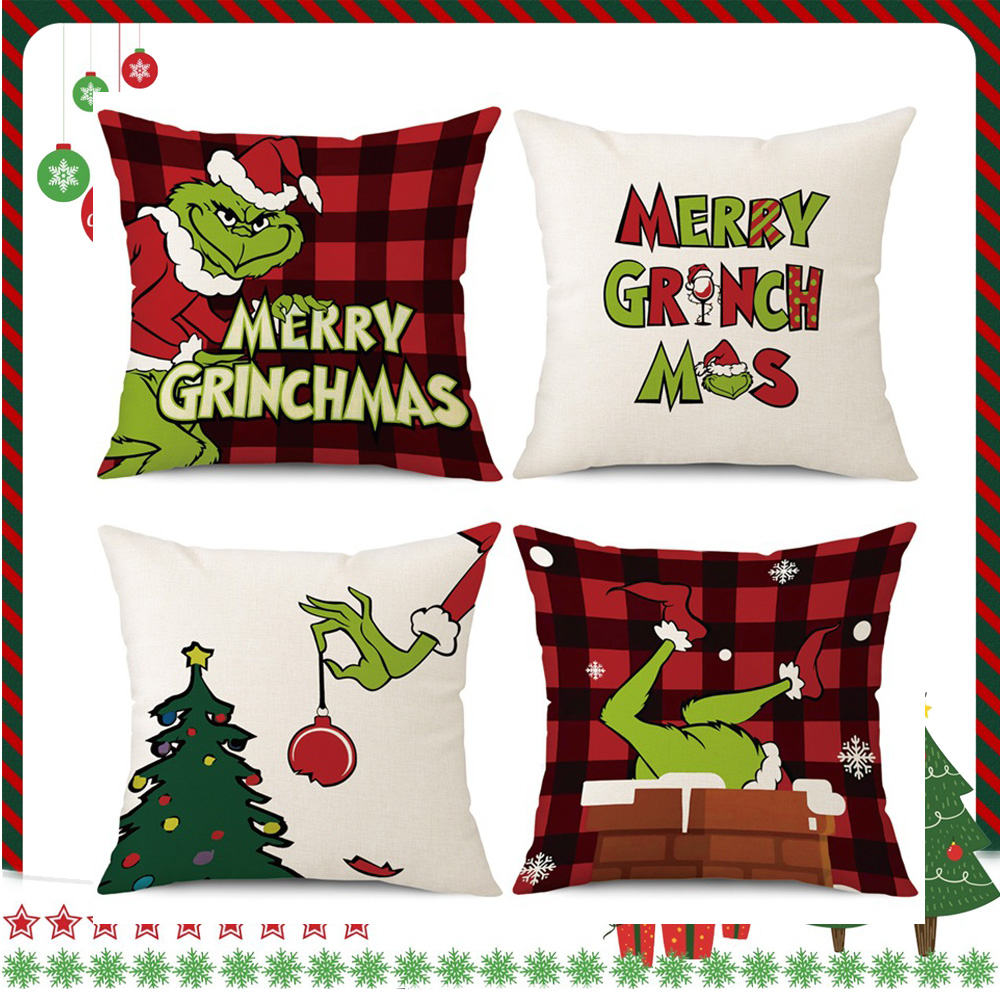 Grinch Christmas Decorations Pillow Covers 18x18 Inch Set of 4 Farmhouse Black and Red Buffalo